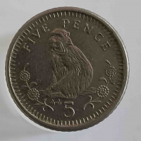 5 пенсов 1990г. Гибралтар, Обезьяна, состояние VF - Мир монет