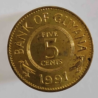 5 центов 1991г. Гайана. Стилизованный цветов лотоса, состояние UNC - Мир монет