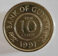 10 центов 1991г. Гайана. Герб, состояние UNC - Мир монет