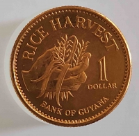 1 доллар 1996г. Гайяна,  Руки собирающие рис, состояние  UNC - Мир монет