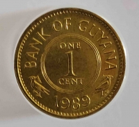 1 цент 1989г. Гайана. Стилизованный цветок лотоса, состояние UNC - Мир монет