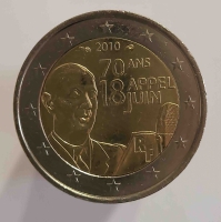 2 евро 2010г. Франция. 70 лет речи Шарля де Голля 18 июня 1940г., состояние UNC - Мир монет