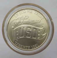 1 доллар 1991г. США. 50 лет УСО,  серебро 0,900, вес 26,73 грамма. UNC - Мир монет
