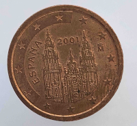 2 евроцента  2001г. Испания, состояние XF+. - Мир монет