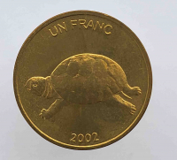 1 франк 2002г. Конго. Черепаха , состояние UNC - Мир монет