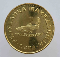 2 динара 2008г. Македония. Рыба, состояние UNC - Мир монет