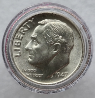 10 центов 1947 г США "Roosevelt Dime".Не была в обращении. Серебро 900 пробы, вес 2,5гр - Мир монет