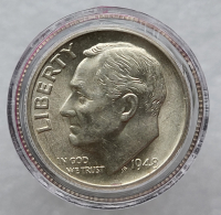 10 центов 1948 г США "Roosevelt Dime".Не была в обращении. Серебро 900 пробы, вес 2,5гр - Мир монет