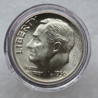 10 центов 1950 г США "Roosevelt Dime".Не была в обращении. Серебро 900 пробы, вес 2,5гр - Мир монет