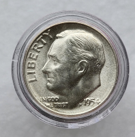 10 центов 1954 г США "Roosevelt Dime".Не была в обращении. Серебро 900 пробы, вес 2,5гр - Мир монет