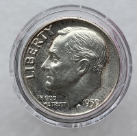10 центов 1959 г США "Roosevelt Dime".Не была в обращении. Серебро 900 пробы, вес 2,5гр - Мир монет