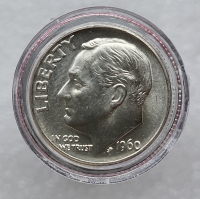 10 центов 1960 г США "Roosevelt Dime".Не была в обращении. Серебро 900 пробы, вес 2,5гр - Мир монет