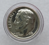 10 центов 1961 г США "Roosevelt Dime".Не была в обращении. Серебро 900 пробы, вес 2,5гр - Мир монет