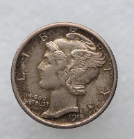 10 центов 1918г США "Mercury Dime". Не была в обращении. Серебро 900 пробы, вес 2,5гр - Мир монет