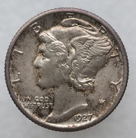 10 центов 1927г США "Mercury Dime". Не была в обращении. Серебро 900 пробы, вес 2,5гр - Мир монет