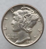 10 центов 1940 г США "Mercury Dime". Не была в обращении. Серебро 900 пробы, вес 2,5гр - Мир монет