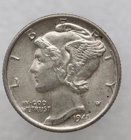 10 центов 1941 г США "Mercury Dime". Не была в обращении. Серебро 900 пробы, вес 2,5гр - Мир монет