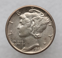 10 центов 1943 г США "Mercury Dime". Не была в обращении. Серебро 900 пробы, вес 2,5гр - Мир монет
