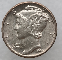10 центов 1944 г США "Mercury Dime". Не была в обращении. Серебро 900 пробы, вес 2,5гр - Мир монет