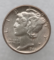 10 центов 1945 г США "Mercury Dime". Не была в обращении. Серебро 900 пробы, вес 2,5гр - Мир монет