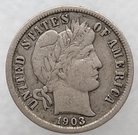 10 центов 1903 г США "Barber Dime". Серебро 900 пробы, вес 2,5гр - Мир монет