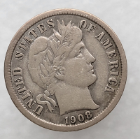 10 центов 1908 г США "Barber Dime". Серебро 900 пробы, вес 2,5гр - Мир монет