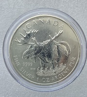 Канада .  5 долларов 2012г. Елизавета II,  Лось, чистого серебра 1 унция, UNC. - Мир монет