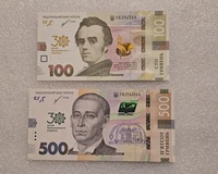 Украина.   Банкноты 100 гривен  и 500 гривен  2021г. 30 лет Независимости, серия ЯА  , пресс.. - Мир монет