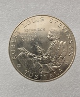 Самоа и Сисифо.  1 тала(доллар) 1969г. Роберт Льюис Стивенсон - 75 лет со дня смерти , кроновый размер, мешковая. - Мир монет