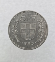 Швейцария.  5 франков 1995г. регулярный чекан, AU+, в блеске. - Мир монет