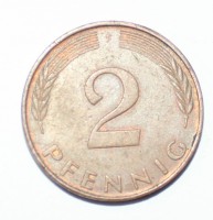 2 пфеннига 1989г.  ФРГ. F, состояние VF. - Мир монет