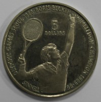  5 долларов 1987г.  Ниуэ.  Борис Беккер-победитель Уимблдона и претендент на победу на Олимпиаде в Сеуле, гурт рифленый, никель, диаметр 39мм, состояние XF-UNC - Мир монет