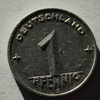 1 пфенниг 1953г. Германия (переходный период). Е,  алюминий, состояние XF. - Мир монет