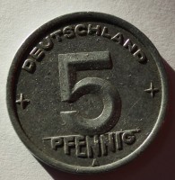 5 пфеннигов 1949г. Германия (переходный период) . А,  алюминий, состояние VF+. - Мир монет