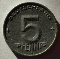 5 пфеннигов  1950г. Германия (переходный период). А,  алюминий, состояние V - Мир монет