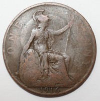 1 пенни 1916г. Великобритания, бронза, состояние VF. - Мир монет