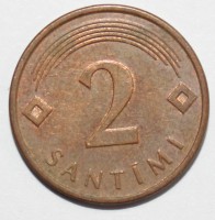 2 сантима 2007г. Латвия, сталь с медным покрытием,состояние ХF. - Мир монет
