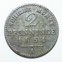 2 пфеннига 1854г. Германия . А. гурт гладкий, медь, вес 3,04гр, диаметр 20 мм,состояние VF, тираж неизвестен. - Мир монет