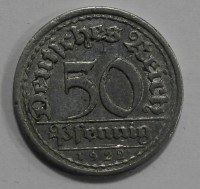 50 пфеннигов 1922г . Германия.  F, гурт ребристый,  алюминий, вес 1,667гр, диаметр 22,5мм, состояние F, тираж 33000000 экз. - Мир монет