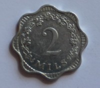 2  милса 1972 г.  Британская  Мальта, алюминий, состояние XF. - Мир монет