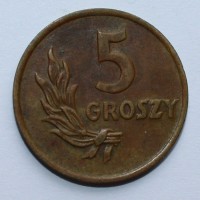 5 грошей 1949г. Польша, бронза,состояние VF-XF - Мир монет