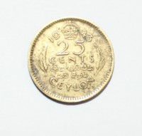 25 центов 1943г.  Британский  Цейлон , состояние VF - Мир монет
