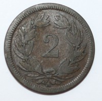 2 раппен 1850г. Швейцария, бронза,состояние XF. патина. - Мир монет