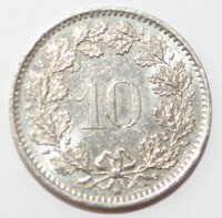 10 раппен 1993г. Швейцария, никель, состояние XF - Мир монет