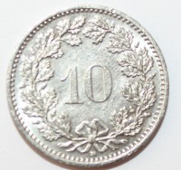 10 раппен 1996г. Швейцария, никель,состояние XF-UNC - Мир монет