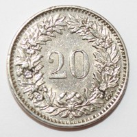 20 раппен 1964г. Швейцария, никель, состояние XF - Мир монет