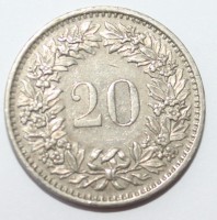 20 раппен 1981г. Швейцария, никель, состояние VF - Мир монет