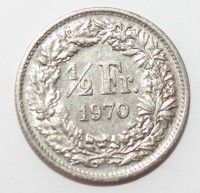 1/2 франка 1970г. Швейцария,никель,состояние ХF - Мир монет