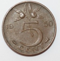 5 центов 1950г. Нидерланды,бронза,состояние XF - Мир монет
