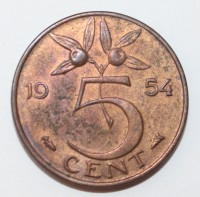 5 центов 1954г. Нидерланды, бронза, состояние XF - Мир монет